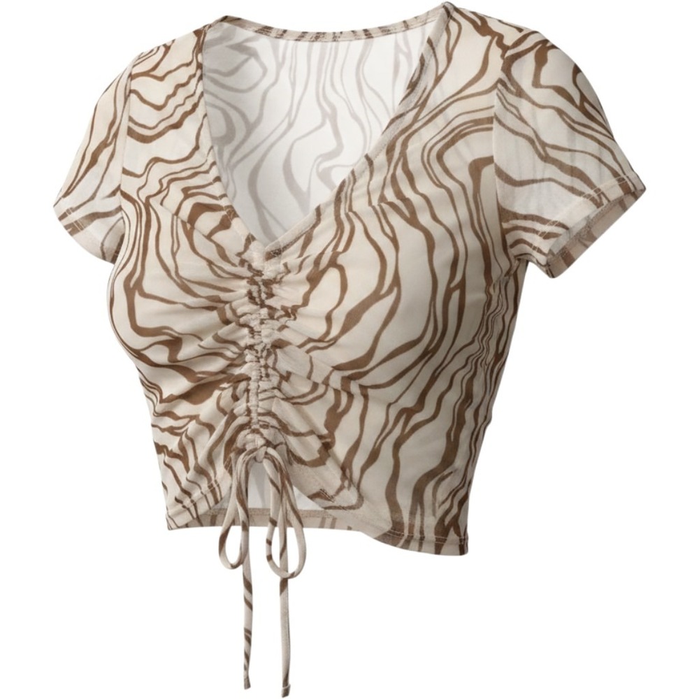 Mixed Threads Mesh Ruched Front Crop Top Brown Swirl Zebra Print Size S NWT